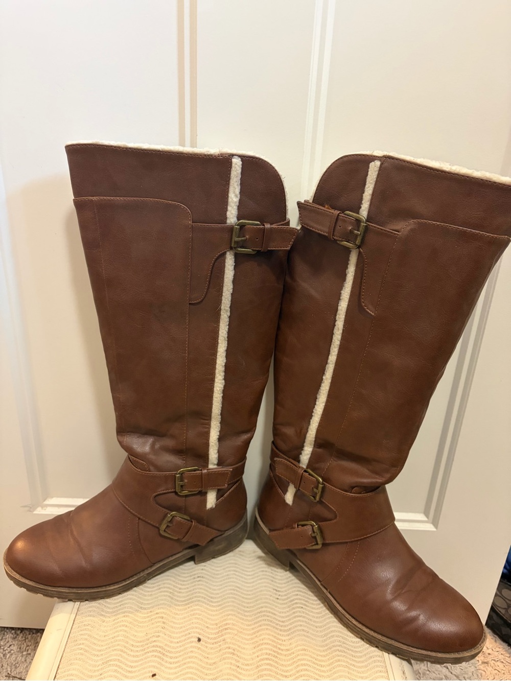 Jasmine Brown Over-the-Knee Faux-Shearling Buckle Boots